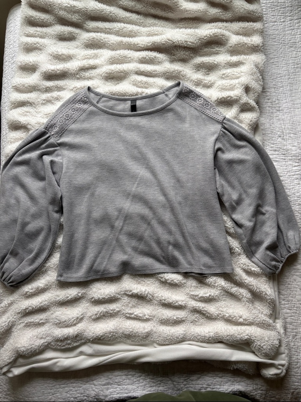 Alya Gray Long Sleeve Lace-Shoulder Blouse